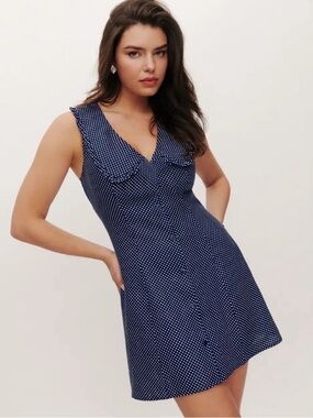 Caroline Constas Polka Dot Navy Sleeveless Button-Front Dress Size 8